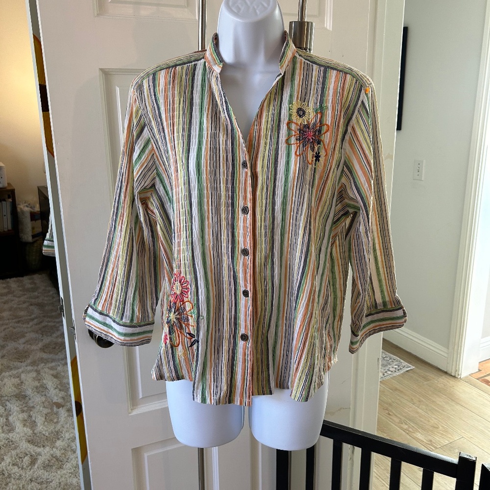 Multi Color Striped Cotton Button Front Blouse